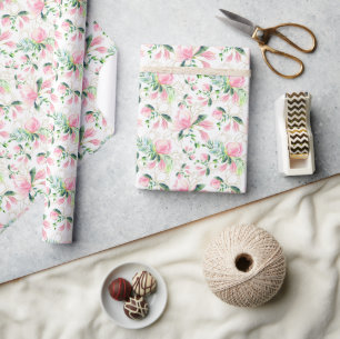 Papier Cadeau Cadeau d'aquarelle de magnolia rose élégant