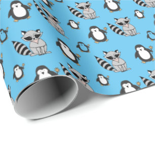 Papier Cadeau Cadeau de bébé amis manchot mignon raton laveur bl