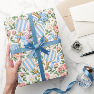 Papier Cadeau Cadeau de joueur de pickleball floral bleu chic