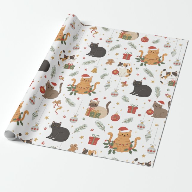 Papier Cadeau cadeau de motif de chat de Noël estive (Déroulé)