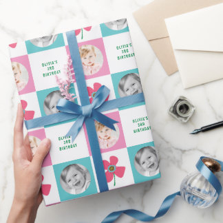 Papier Cadeau Cadeau de photo d'anniversaire chic fleur Pop Dais