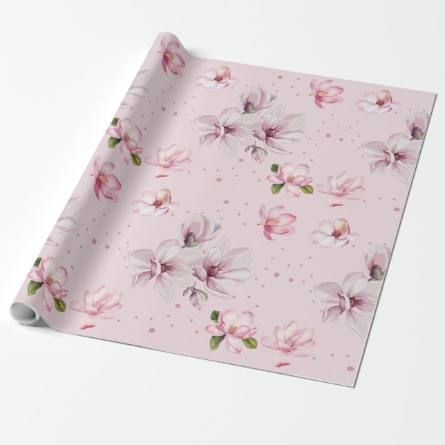 Papier Cadeau Cadeau Floral Aquarelle Magnolia Rose Pâle (Déroulé)