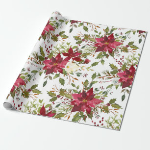 Papier Cadeau Cadeau floral de Noël d'aquarelle de poinsettia