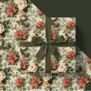 Papier Cadeau Cadeau floral de Noël élégant aux pêches et à la c