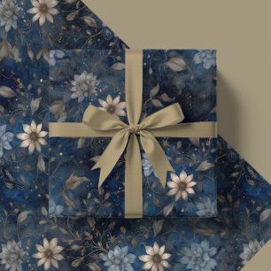 Papier Cadeau Cadeau Floral Noël Bleu Minuit et Crème