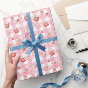 Papier Cadeau Cadeau gingham rose fraise pour le premier anniver