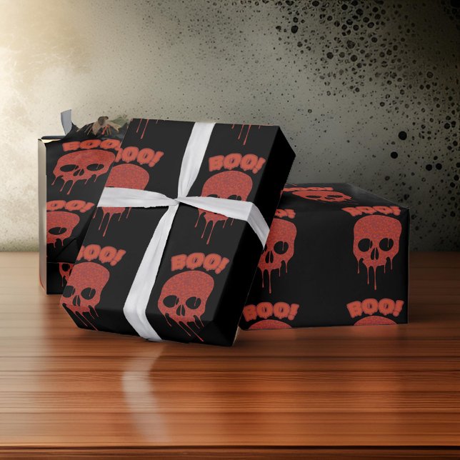 Papier Cadeau Cadeau Halloween Black Éffrayant Boo Skulls (Créateur téléchargé)