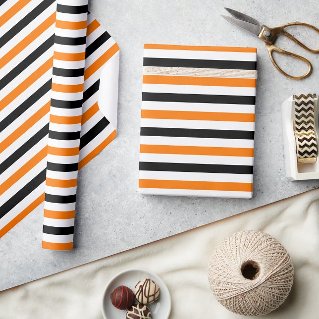 Papier Cadeau Cadeau Motif Halloween noir blanc orange rayures (Halloween Black White Orange Stripes Pattern Gift Wrapping Paper)