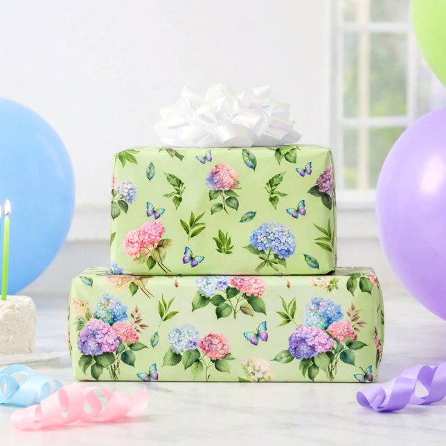 Papier Cadeau Cadeau Papillon Hydrangea Floral Élégant Vert (Créateur téléchargé)
