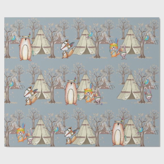 Papier Cadeau Cadeau pour bébés animaux de forêt de bois (Plat)