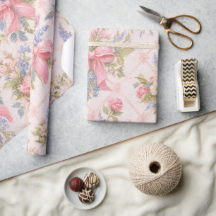 Papier Cadeau Cadeau vintage floral ruban rose