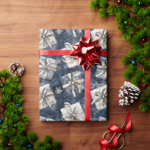 Papier Cadeau Cadeaux Bleus Rubans Flocons de Neige Argent Noël