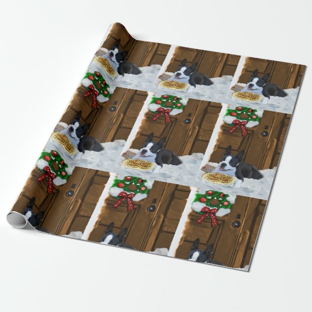 Papier Cadeau Cadeaux de Noël Boston Terrier (Déroulé)