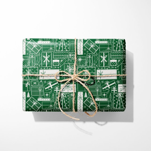 Papier Cadeau Cadeaux de vacances modernes vert et blanc (Créateur téléchargé)
