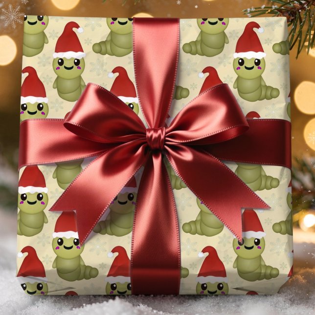 Papier Cadeau Cadeaux de vers de Noël mignons dessinés à la main (I have drawn this little worm character to bring a touch of cuteness to your Christmas gifting.)