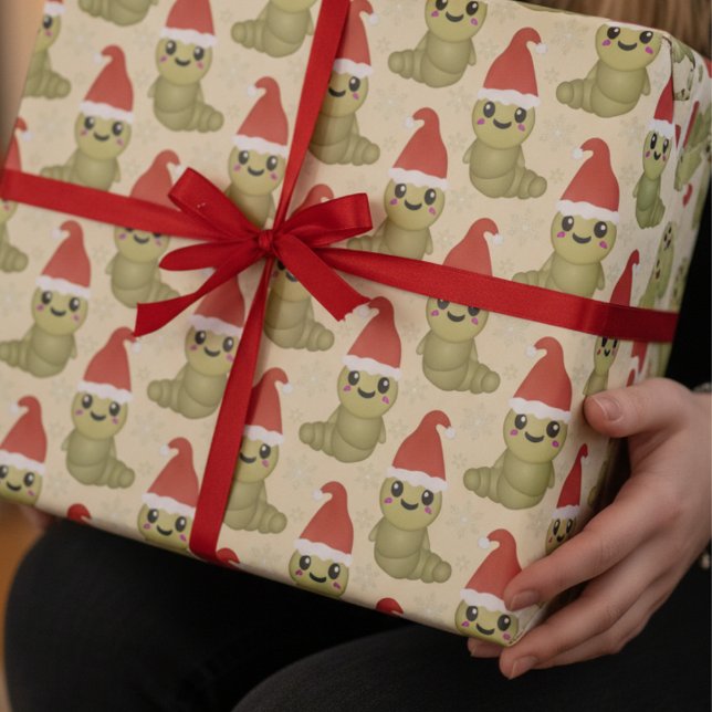 Papier Cadeau Cadeaux de vers de Noël mignons dessinés à la main (I have drawn this little worm character to bring a touch of cuteness to your Christmas gifting.)