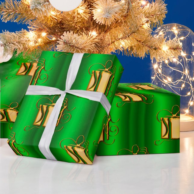 Papier Cadeau Cadeaux d'or sur Noël vert métallique (Créateur téléchargé)