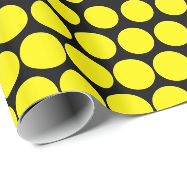 Papier Cadeau Cadmium Jaune Polka Dot Noir moderne (Coin rond)
