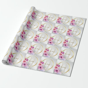 Papier Cadeau Cadre doré floral rose coloré avec monogramme