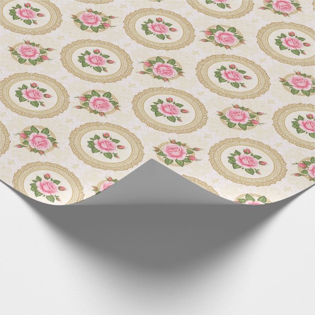 Papier Cadeau Cadre doré orné et roses roses (Coin)