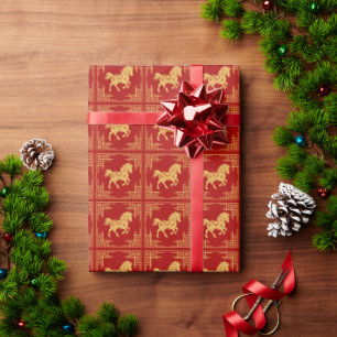 Papier Cadeau Cadre d'ornement grec motif de cheval doré rouge 