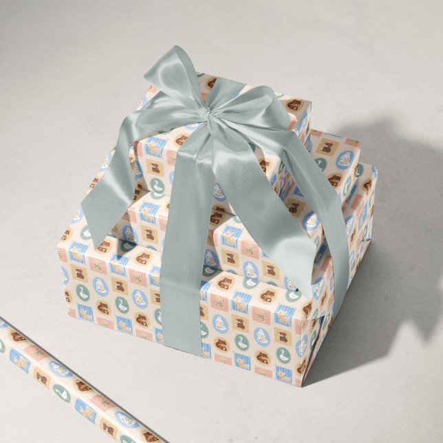 Papier Cadeau Cadre Pastel Bois Bébé Animaux (Créateur téléchargé)