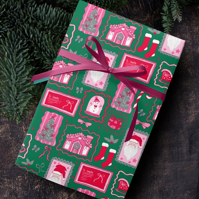 Papier Cadeau Cadres de Coquette Rose Mignonne sur Fond Vert de  (Créateur téléchargé)