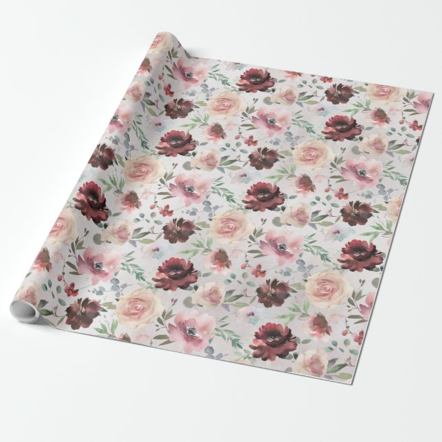 Papier Cadeau Café Bourgogne Pink Peony Jardin Mondial Rose (Déroulé)