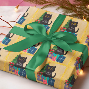 Papier Cadeau Café Chat Noir de Noël Or Orange Festif