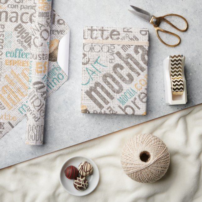 Papier Cadeau Café sur Burlap Word Cloud Turquoise ID283 (Artisanat)