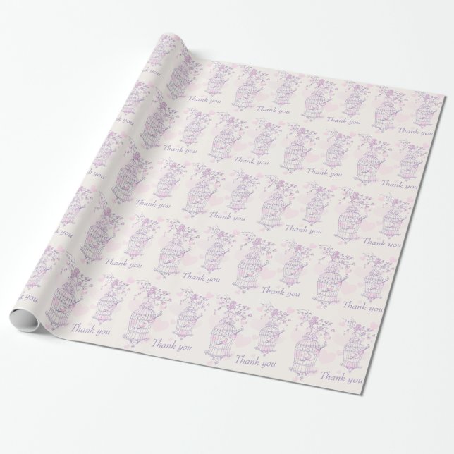 Papier Cadeau cage d'oiseau violet rose mariage faveur merci env