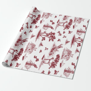 Papier Cadeau Cailles Toile De Jouy Cranberry et blanc