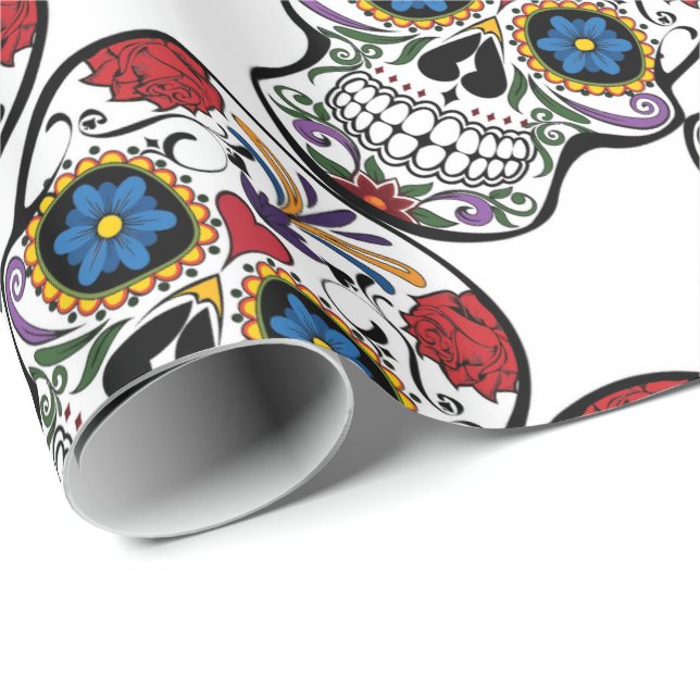 Papier Cadeau Calavera Sugar Skull Floral Rouge Blanc Bleu (Coin rond)