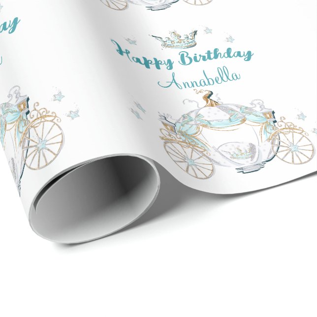 Papier Cadeau Calèche de princesse Cendrillon sarcelle et or (Coin rond)