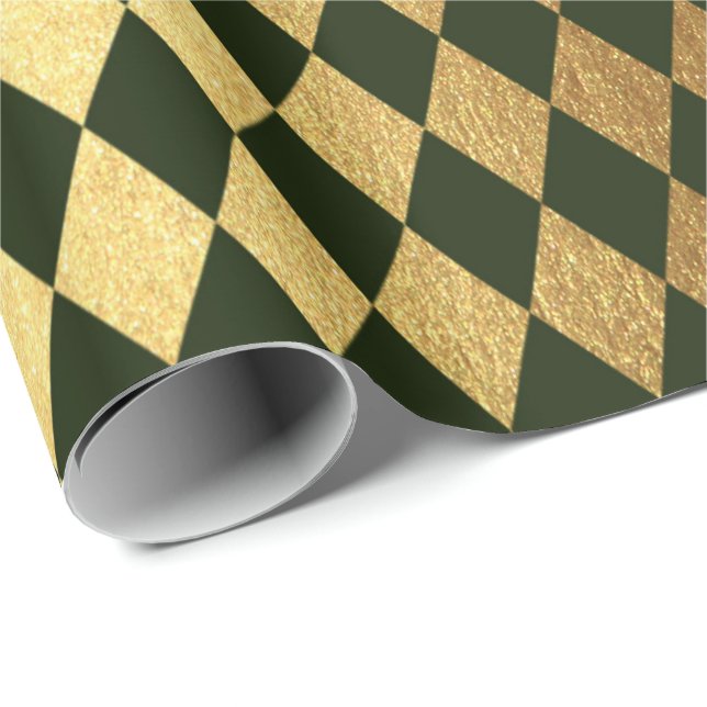 Papier Cadeau Cali Green Gold Geometry Chessboard Diamant Coupe (Coin rond)