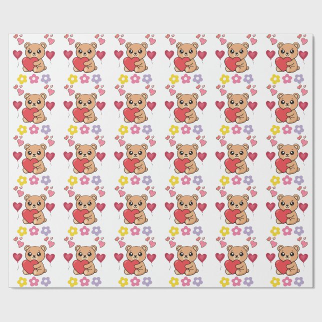Papier Cadeau Câlins Ourson de la Saint-Valentin (Plat)