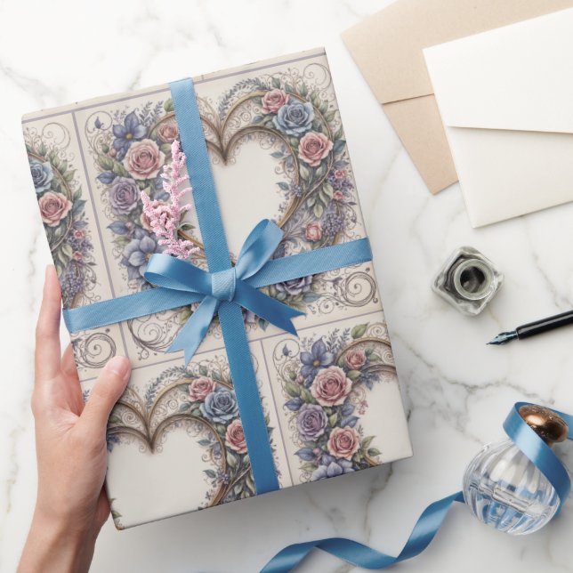 Papier Cadeau Calligraphie Coeurs et Roses Mariages (Cadeaux)