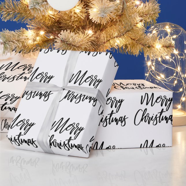 Papier Cadeau Calligraphie de Joyeux Noël noir sur fond blanc (Vacances)