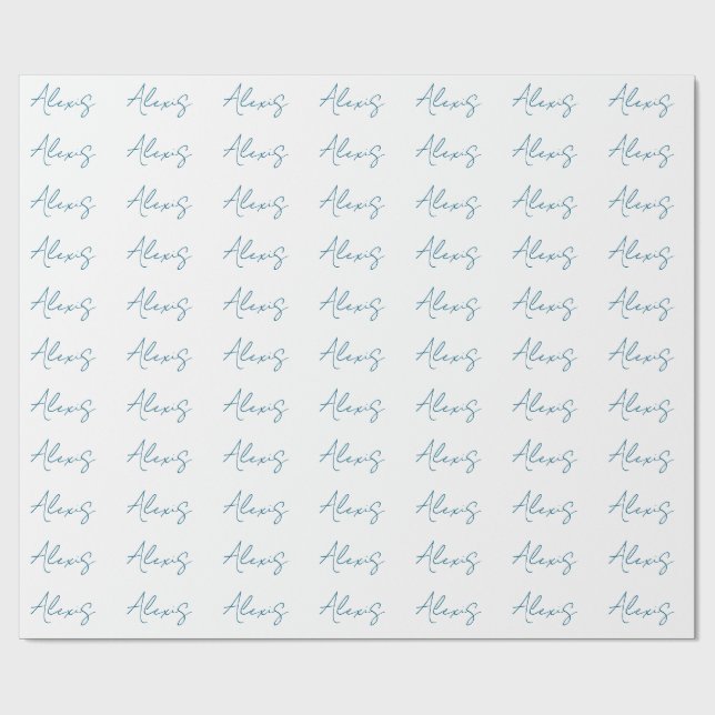 Papier Cadeau Calligraphie de nom simple blanche bleue (Plat)