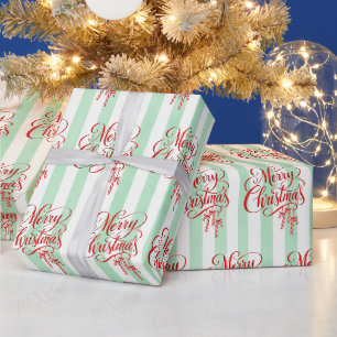 Papier Cadeau Calligraphie rouge de Joyeux Noël sur rayures