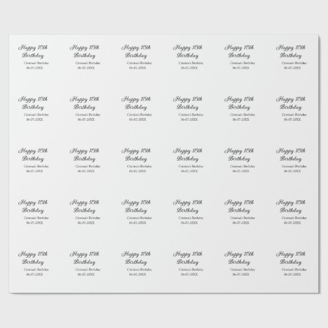 Papier Cadeau calligraphie simple minimum heureux 15e anniversai (Plat)