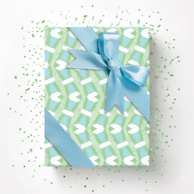 Papier Cadeau Calypso Wavy Stripe en vert clair et aqua (Créateur téléchargé)