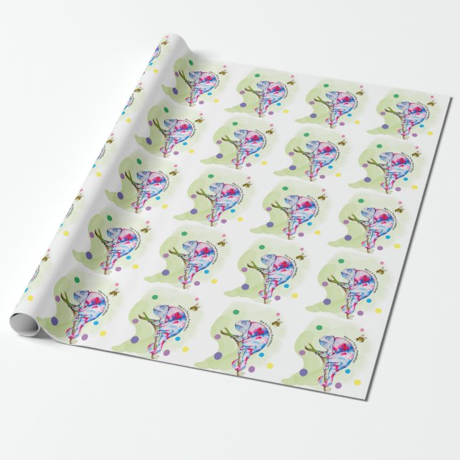 Papier Cadeau Caméléon d'aquarelle et abeille colorés. (Déroulé)