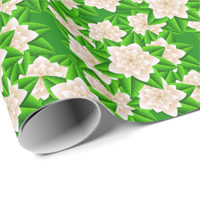 Papier Cadeau Camélias blancs et feuilles vertes (Coin rond)