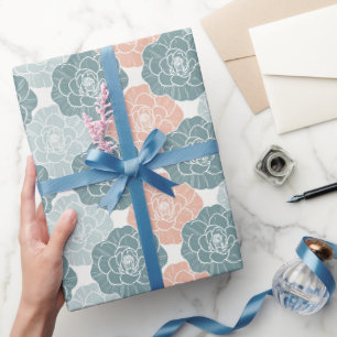 Papier Cadeau Camélias sarcelle et corail imbriqués