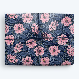 Papier Cadeau Camellia Bleu et Rose Véritable Floral