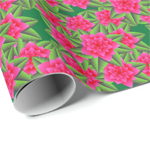 Papier Cadeau Camellias roses de Fuschia et Feuilles verts