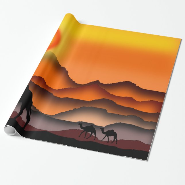 Papier Cadeau Camels Au Papier Enveloppant Du Désert Du Coucher  (Déroulé)