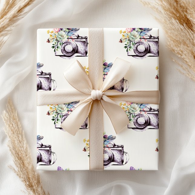 Papier Cadeau Caméra florale bleu violet Boho (Créateur téléchargé)