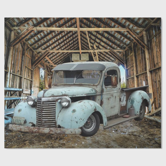 Papier Cadeau Camion Bleu Vintage Grange Rustique (Plat)